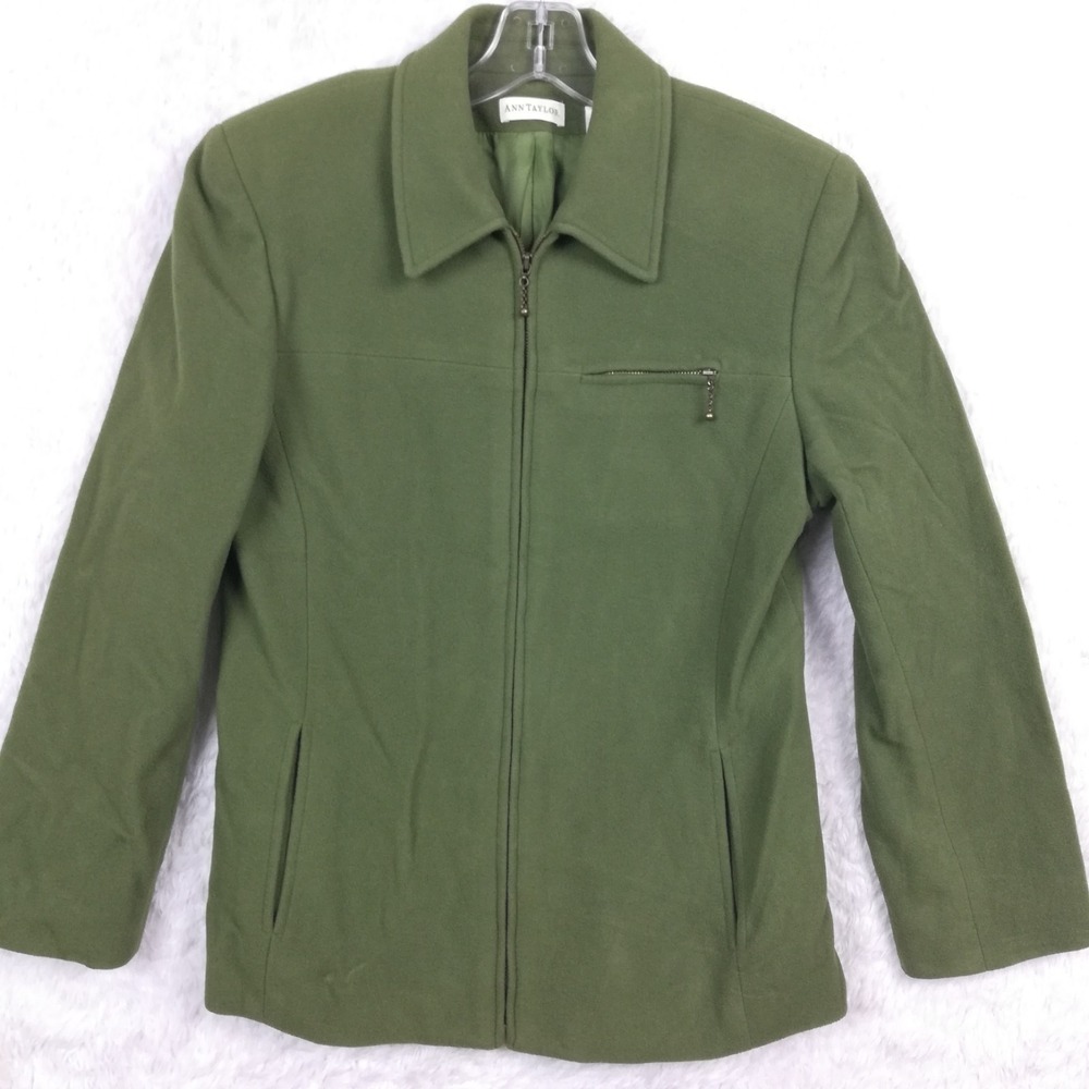 Ann Taylor Womens Wool Cashmere Blend Jacket Coat Olive Green Zip Hip Length 6